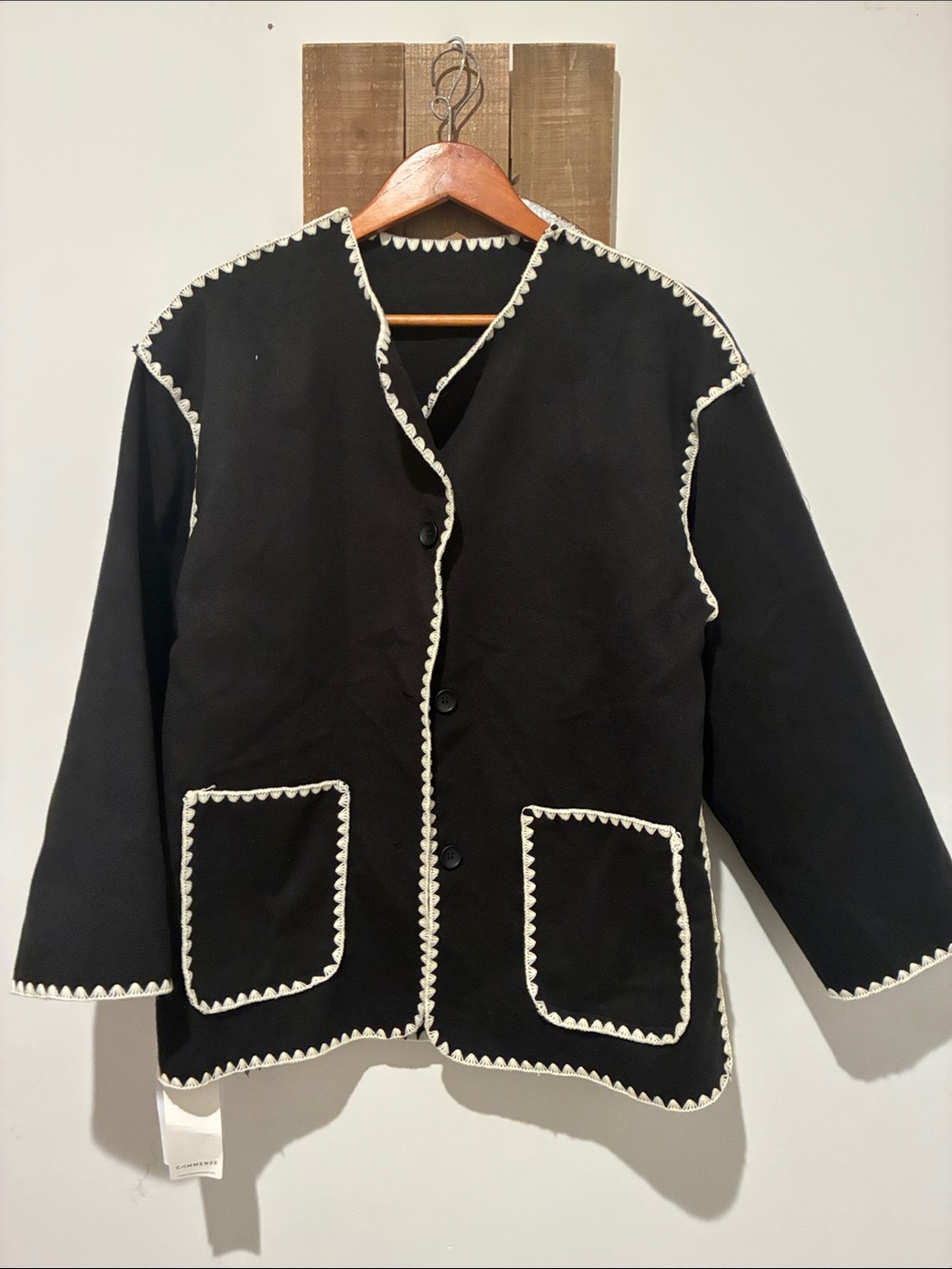 Commense Black Blazer Jacket with White Scalloped Trim w/ scarf
